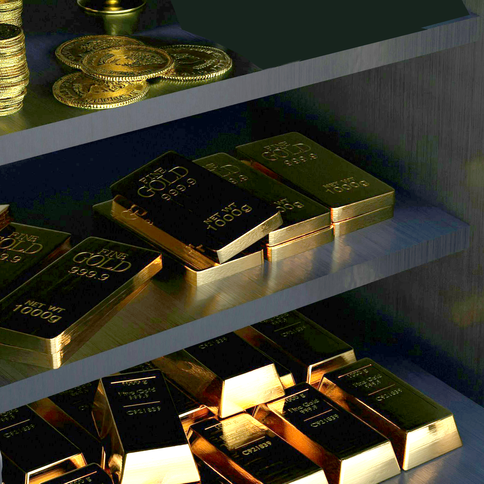 Goldmünzen und Goldbarren in Safe